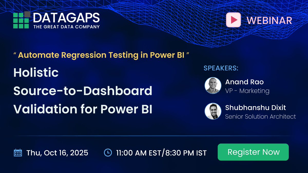 DatagapsTeam's tweet image. Join our upcoming webinar on “Holistic Source-to-Dashboard Validation for Power BI ” by clicking at: hubs.la/Q03MnbTZ0
@DatagapsTeam
#RegressionTesting #DashboardUpgrade #PowerBIValidation #PowerBI AutomationTesting #PowerBI #BIValidator #BusinesssIntelligence #BITrust