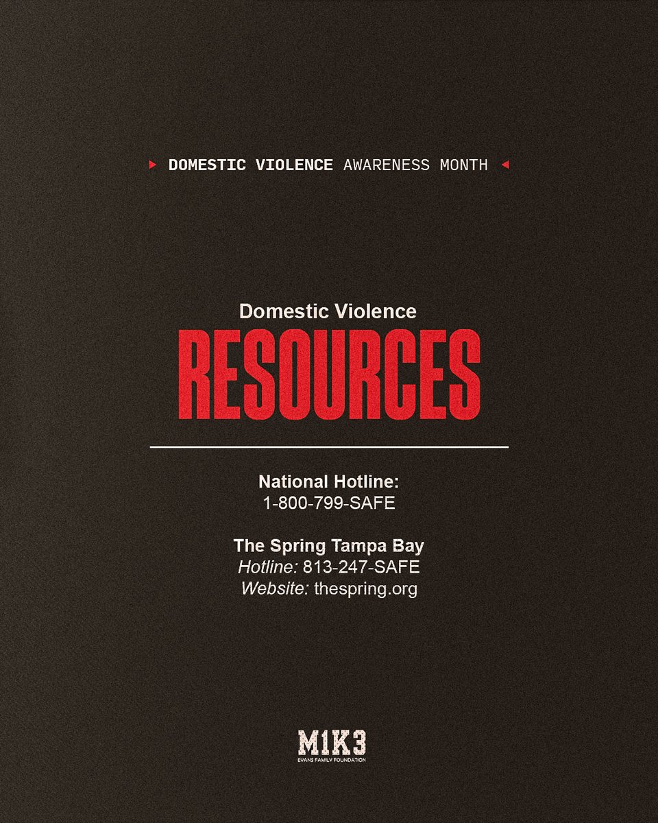 October is Domestic Violence Awareness Month. The Mike Evans Family Foundation stands with domestic violence survivors, always. ❤️

If you or someone you know are experiencing domestic violence, please use one of the below resources: