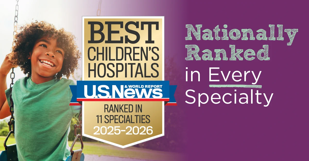 Advertisement banner featuring a joyful child on a swing, with text announcing U.S. News & World Report's ranking of the best children's hospitals from 2025-2026, nationally ranked in every specialty.