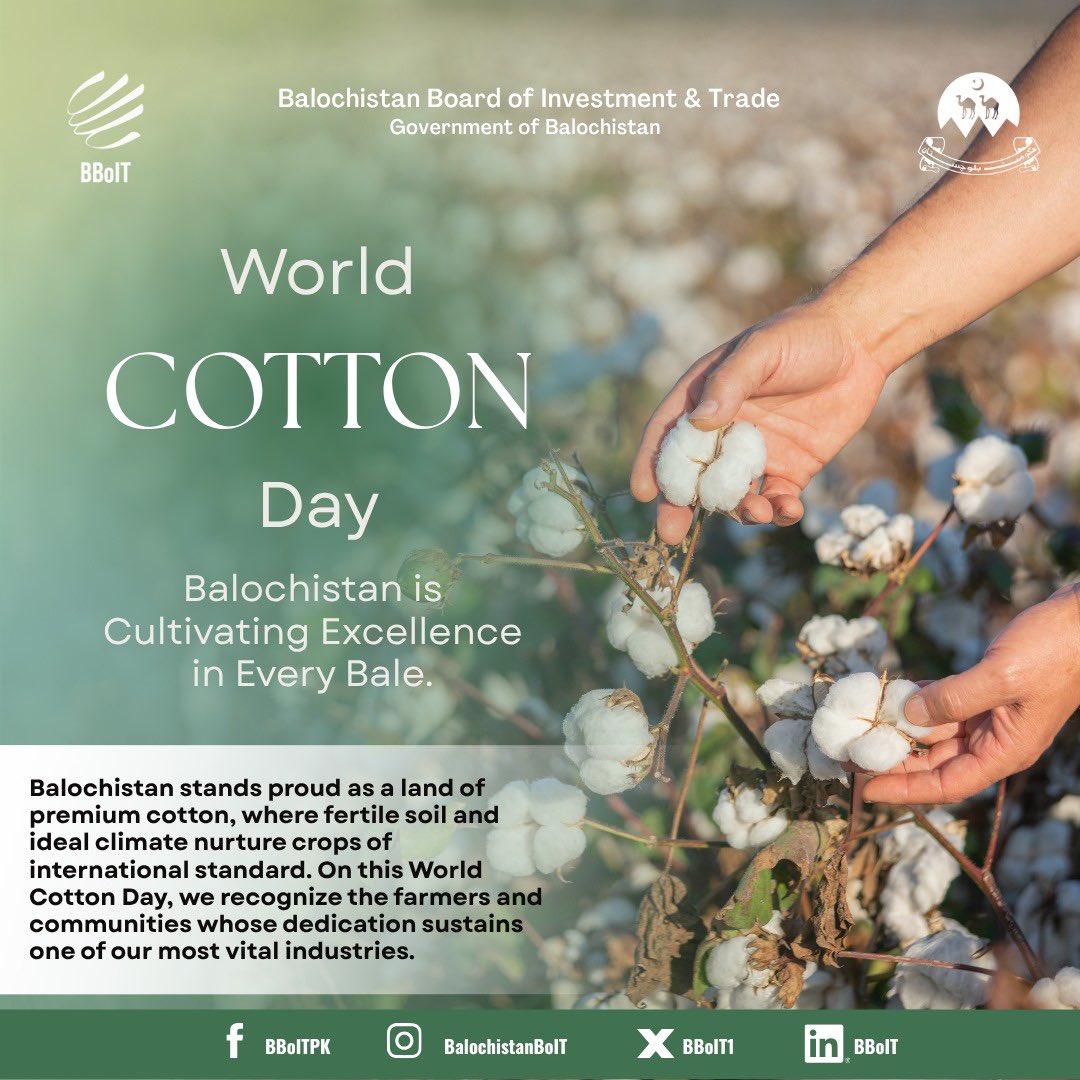 This World Cotton Day lets us honor Balochistan’s premium cotton and the dedication of our farmers who cultivate excellence in every bale.

#WorldCottonDay #Balochistan #InvestinBalochistan