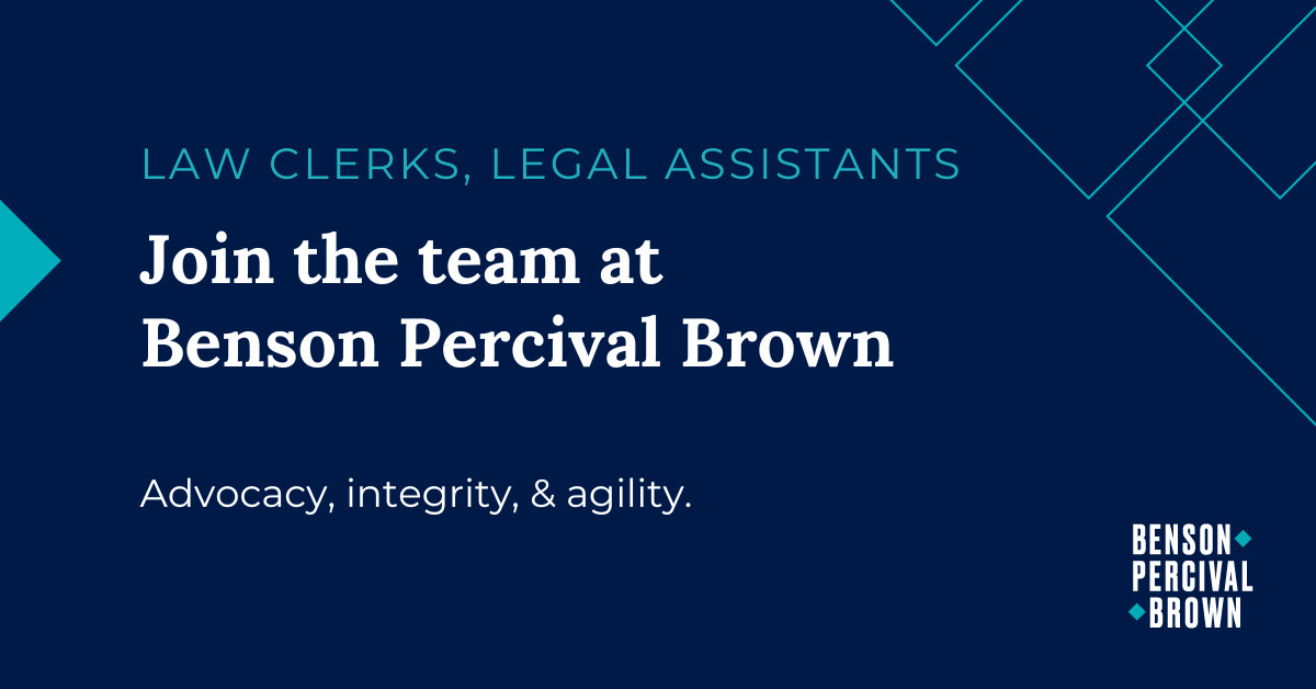 BPBLLP's tweet photo. We are always looking for law clerks and legal assistants to join our team.

If you have previous, relevant working experience, are an organized self-starter, and detail-oriented, we want to get to know you.

Please submit your CV and a cover note to careers@bensonpercival.com. https://t.co/86L2WBiB8Y