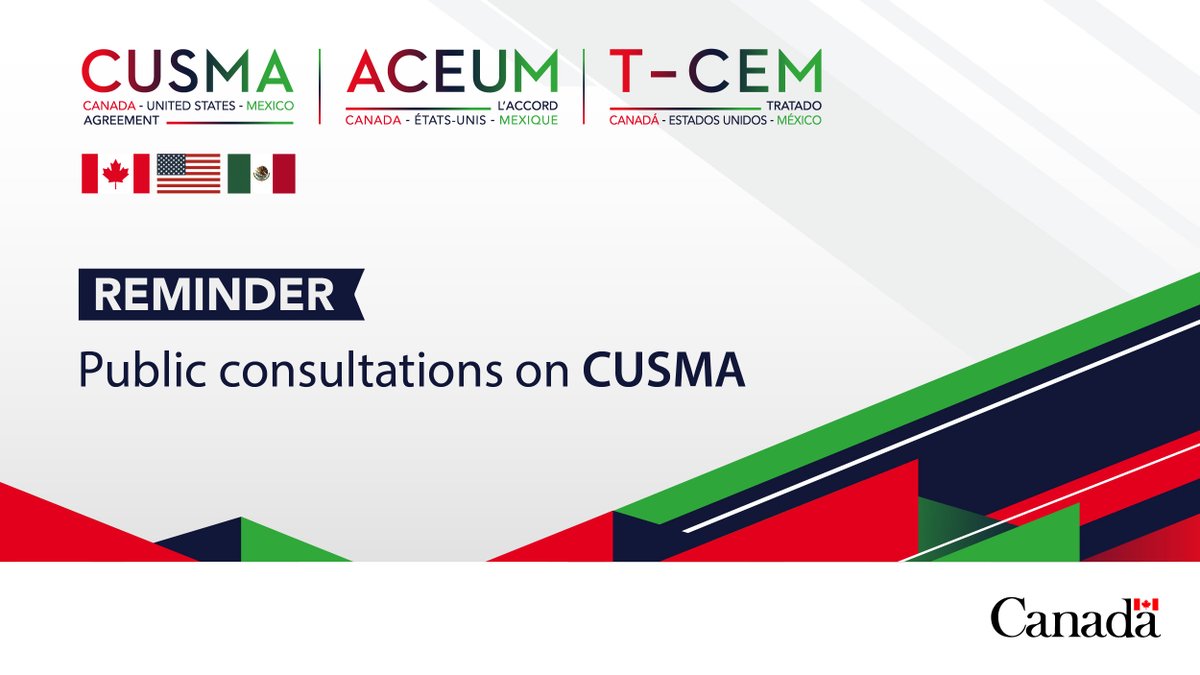 📣REMINDER:  Share your thoughts on how #CUSMA is working for you or could be improved.  🇨🇦🇺🇸🇲🇽

Canadians, #HaveYourSay by November 3rd: international.canada.ca/en/global-affa…  

 #USMCA #TMEC <a href="/CanEmbUSA/">Embassy of Canada US</a> <a href="/CanEmbMexico/">Canada in Mexico</a> <a href="/TCS_SDC/">Trade Commissioner Service</a>