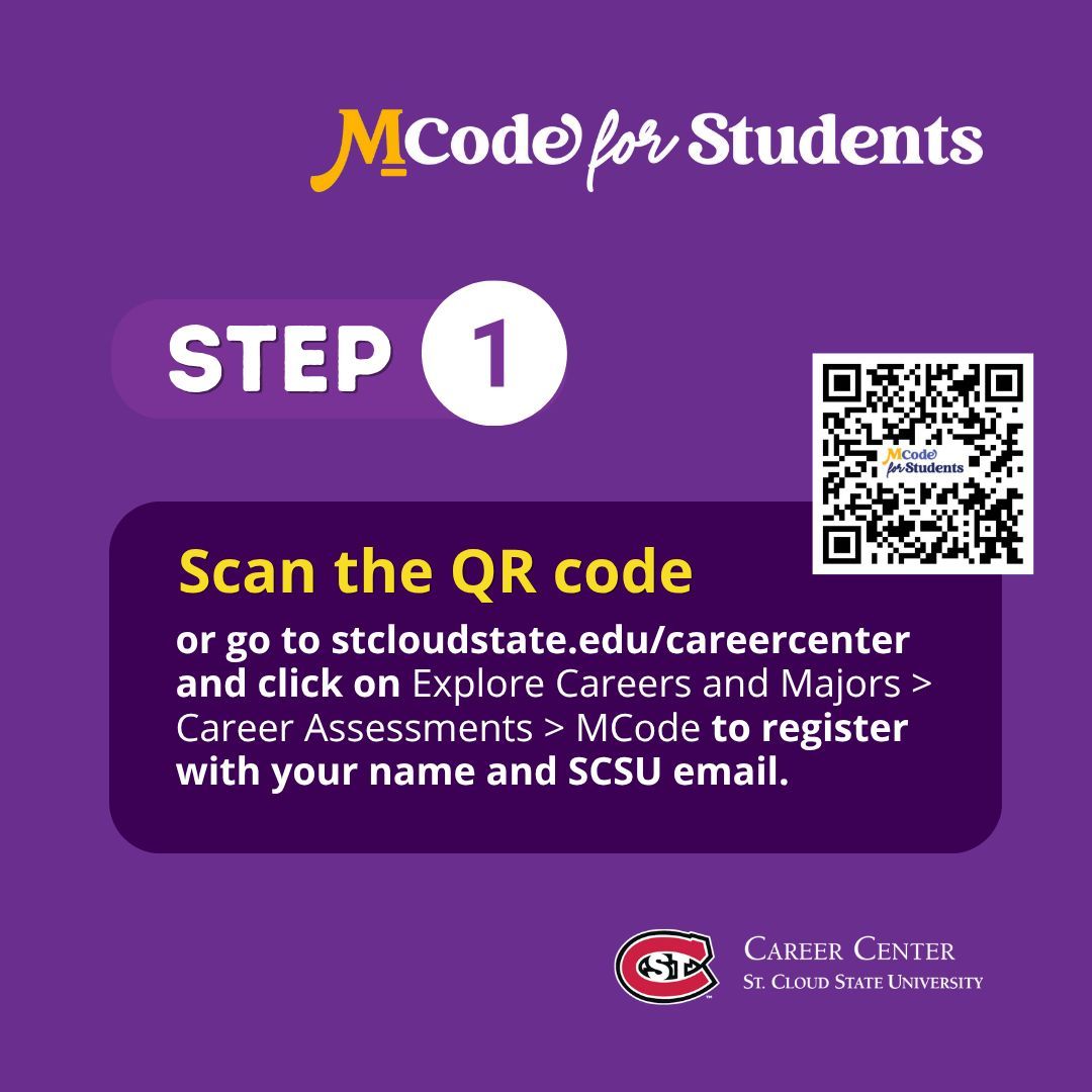 SCSUCareer's tweet image. MCode helps students explore their college and career decisions.
It’s free for SCSU students. Curious about other self-assessments? Visit us in Centennial Hall 215!
#Self-assessment #MCode #SCSU #CareerCenter