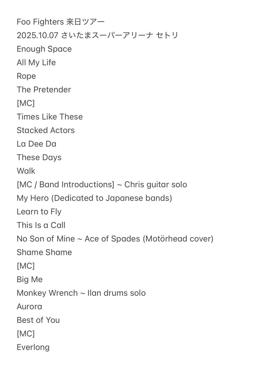 noname_records_'s tweet photo. Foo Fighters 来日ツアー さいたまスーパーアリーナ セトリ
#foofighters #フーファイターズ #フーファイ #setlist
フー・ファイターズ フジロック‘23 以来2年ぶり来日ライブは118分19 曲 https://t.co/o3IwxnZt7q