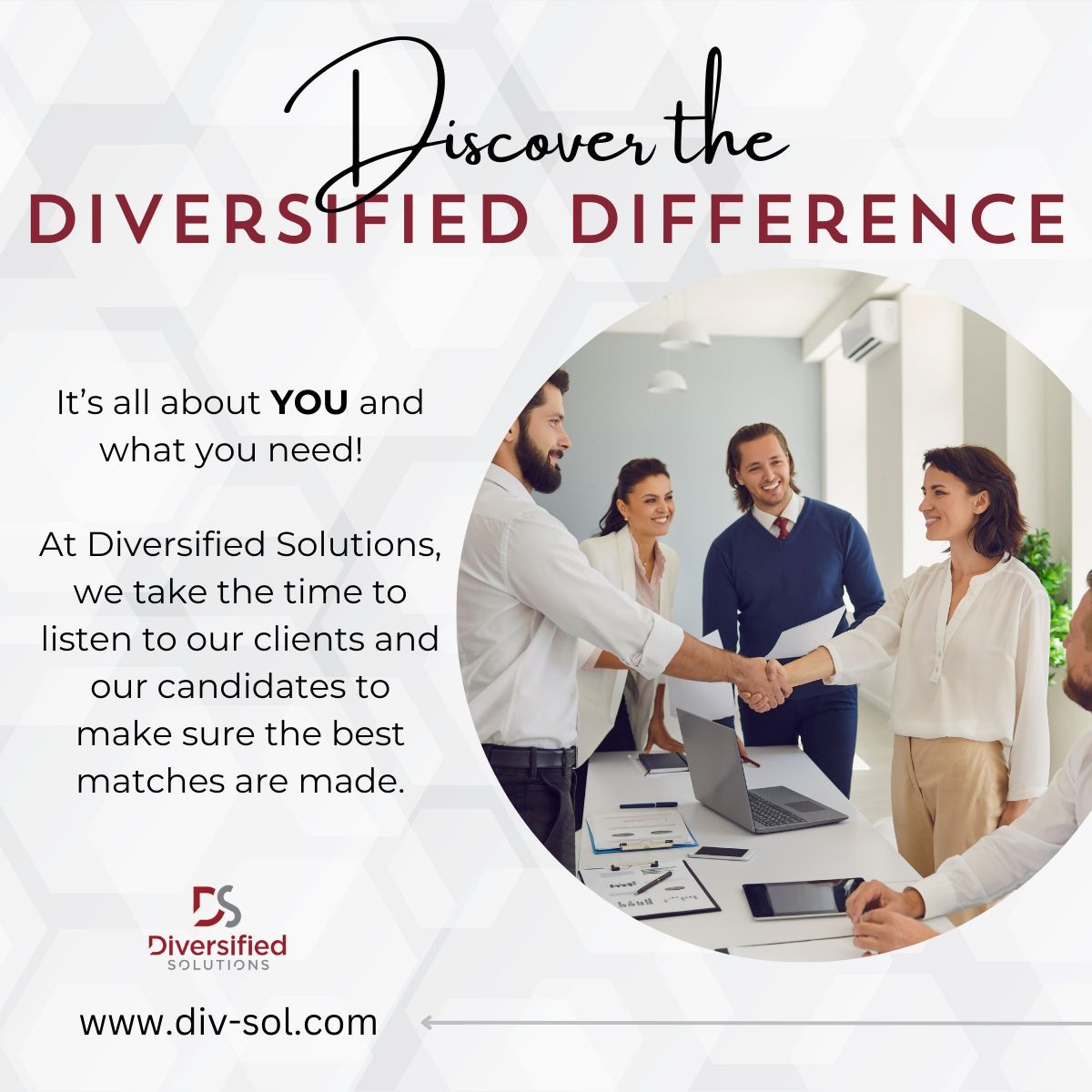 div_sol's tweet image. Whether you’re a business searching for the right talent or a professional looking for the right opportunity, our focus is the same — understanding your goals and making sure you have what you need to succeed.

div-sol.com 

#AllAboutYou #Recruiting #Sucess