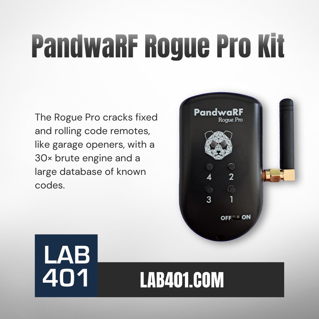 Lab_401's tweet image. 📶 Meet PandwaRF Rogue Pro: elite RF sniffer with capture/replay, fixed &amp;amp; rolling code cracking, 30x brute engine, and a huge cracked-device database! l.lab401.com/eCo2r 
#PandwaRF #RFtools #CyberSecurity #Lab401 #pentesting #infosec #cracking