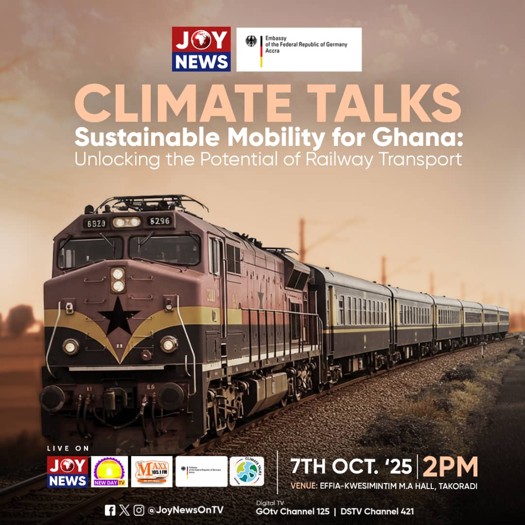 JoyNewsOnTV's tweet image. Join us for "Climate Talks: Sustainable Mobility for Ghana," where we explore the potential of railway transport in enhancing sustainable mobility. 

Don't miss this opportunity to engage in important discussions about the future of transportation in Ghana!

#ClimateTalks