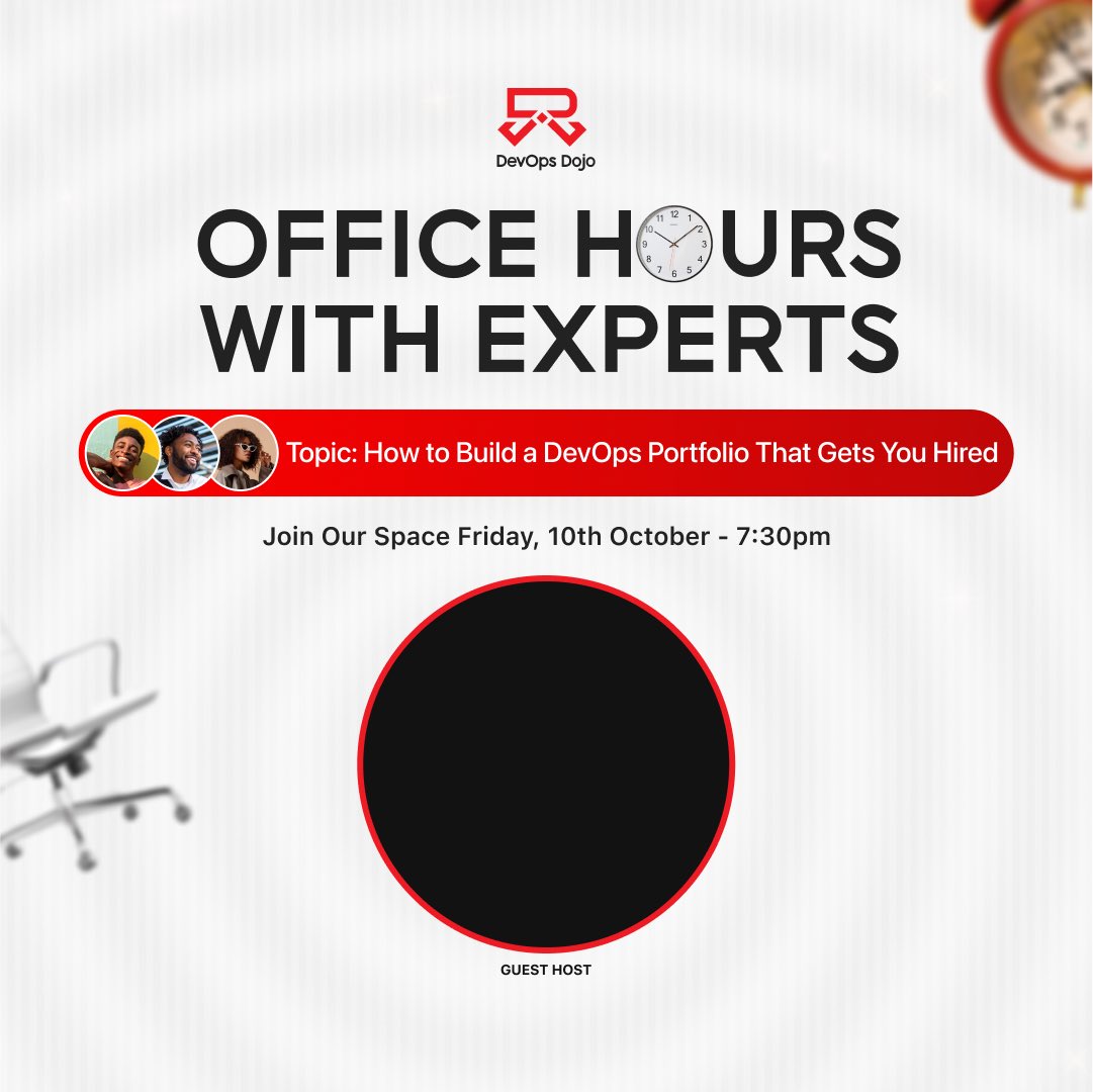 thedevopsdojo's tweet image. Office Hours with Experts
Join us this Friday at 7:30pm as we discuss How to Build a DevOps Portfolio That Gets You Hired. Learn practical tips from industry experts and get your questions answered live.
Don't miss it!
#DevOps #CareerGrowth
#Thedevopsdojo