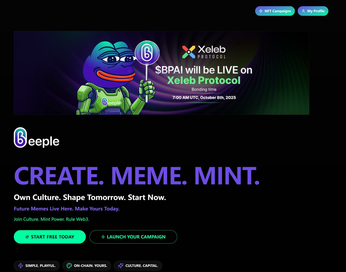 NFTCPS's tweet image. 链上Meme都P累了吧？分享一个新的发射台Beeple，AI+Meme+NFT概念，可能是一个新趋势，大家关注下，第一波没准吃肉！

时间：10月8号星期三下午3点（UTC+8）上线

Beeple是由AI驱动的Meme创作和链上工具，刚刚登录Xeleb平台，用户可以在链上生成自己的Meme NFT。这个项目由 Xeleb…