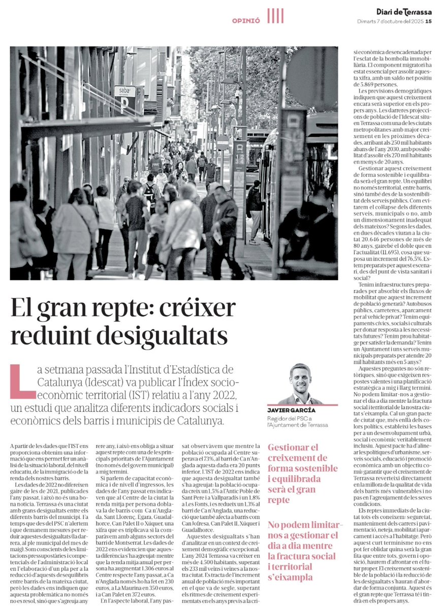 Gestionar el creixement de #Terrassa de forma sostenible i reduir les desigualtats entre barris serà el gran repte de la ciutat durant els propers anys.

✍️ Article que avui publica <a href="/DiarideTerrassa/">Diari de Terrassa</a>

🔗 diarideterrassa.com/opinio/el-gran…