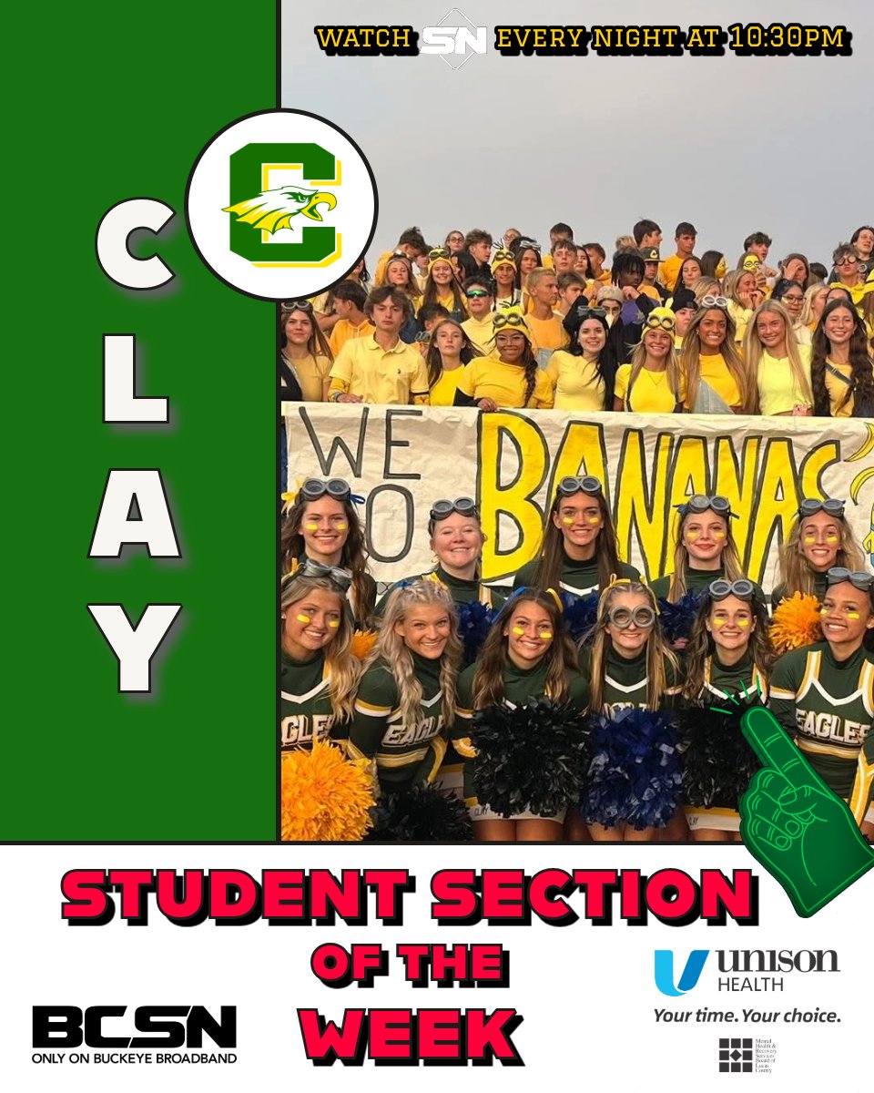 EAGLES... 🚨
YOU are the winners of the <a href="/UnisonHealthTol/">Unison Health Toledo</a> <a href="/MHRSBofLucasCO/">MHRSB of LucasCounty</a> Student Section of the Week! 🙌

We'll see you Friday when you play Perrysburg!
Get photo-ready for the #SSOTW Belt! 📸
<a href="/CHS_EaglesFB/">Clay Eagles Football</a> | <a href="/clayathletics/">Clay Athletic Dept.</a>