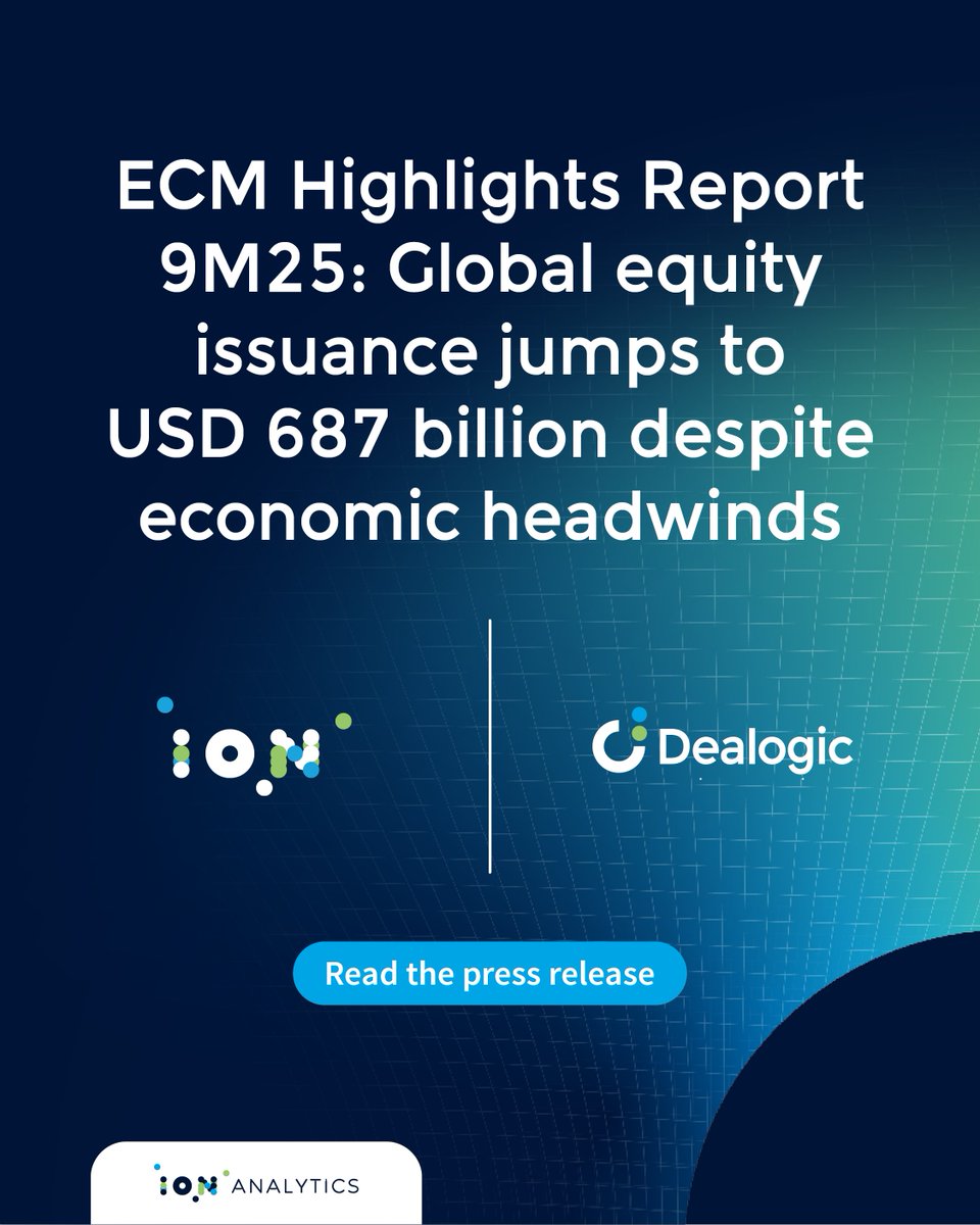 IONAnalytics's tweet image. Equity markets clocked their strongest quarter since 2021, pushing year-to-date volumes to USD 686.8 billion, according to Dealogic’s ECM Highlights 9M25 report. Read more in our press release! on.iongroup.com/46IrWBi