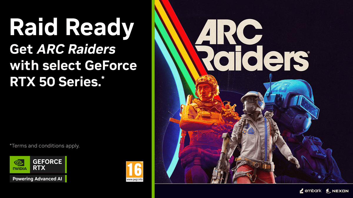 Suit up with select NVIDIA GeForce RTX 50 Series GPUs and claim your ARC Raiders Deluxe Edition! 🎮🔥

Conquer the surface, secure your loot, and rise in glory. 🏹💎

Get yours here 👉 progenix.co.za/NVIDIA-GeForce…
