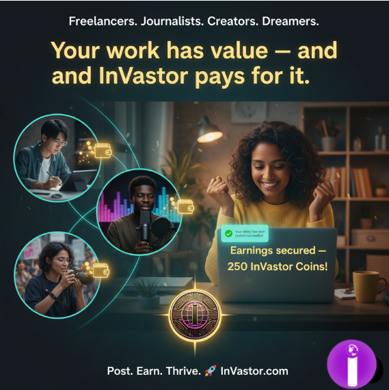inv_coin64504's tweet photo. Freelancers. Journalists. Creators. Dreamers.
This is your time to shine. π«
On https://t.co/oCXPWJLVTq, every post can earn you #InVastorCoin. π
πΌ Offer your services.
π° Share your stories.
π¨ Showcase your content.
π Pitch your ideas.
Everything you post has value β and InVastor protects it with escrow.
No middlemen. No waiting. Just earnings. π
π Start today: https://t.co/oCXPWJLVTq
π Learn more: https://t.co/sHQEnwJzGW
#InVastor #InVastorCoin #PostAnything #CryptoEarnings #SideHustle #WorkFromAnywhere #CreatorEconomy #DigitalFreedom