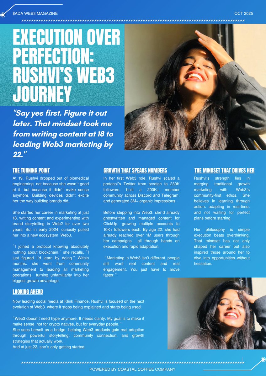 ADALINKED's tweet image. Meet Rushvi Sharma @rushviisharmaa  featured in
$ADA Web3 Magazine, sponsored by @coastalcof

Rushvi, a 22 year old marketing whiz who&apos;s swapped biomedical engineering for building brands in Web3. With over three years in the game, she&apos;s leading social media at Klink Finance, the…