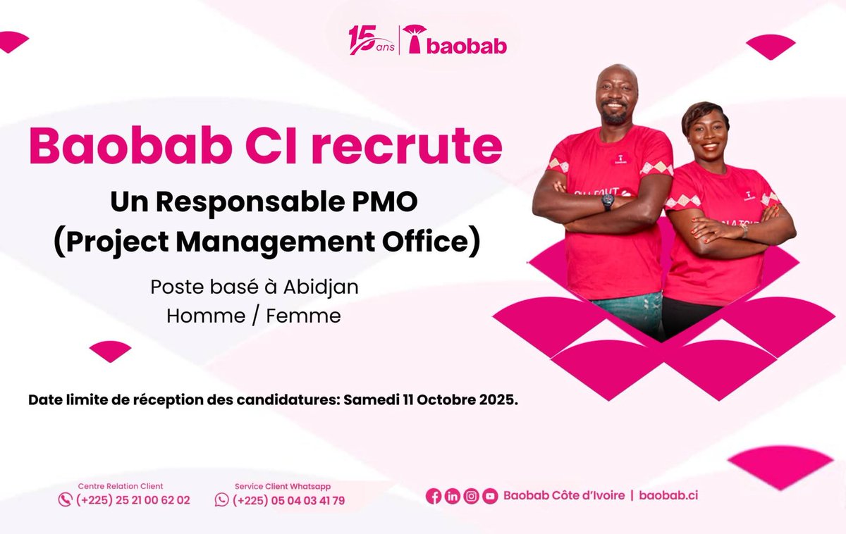 YannickAnon's tweet photo. 🚨 Baobab Côte d’Ivoire recrute !
📌 Responsable PMO (Project Management Office)
👉 Expérience en gestion de projets (3 ans min)
 Bac+4 et + | Certification PMP/Agile/Prince = atout
🔗 Postulez ici : https://t.co/kMmeQDmXj6…
⏳ Clôture : 11 Oct. 2025

#Recrutement #PMO #EmploiCI https://t.co/ebLkjA4oTn