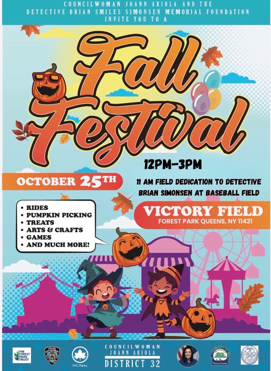 Join us at Victory Field on October 25th, 12–3PM for the Fall Festival — a day of rides, pumpkin picking, games, and family fun. 

At 11AM, we’ll honor the life and sacrifice of Detective Brian Simonsen with a special field dedication.