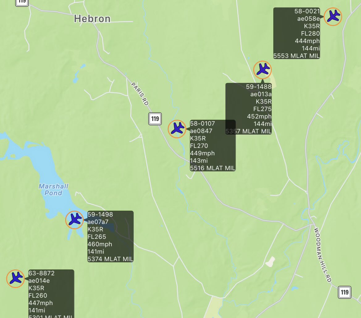ginger_hax's tweet photo. 5x tankers out of KBGR. Possibly entering AR-631

58-0021, #ae058e, 59-1488, #ae013a, 58-0107, #ae0847, 59-1498, #ae07a7, 63-8872, #ae014e
#101ARW  
#BangorANG  
#KC135R  
#Tankers  
#MilitarySpotting  
#MaineSpotter https://t.co/0FT8otunc1