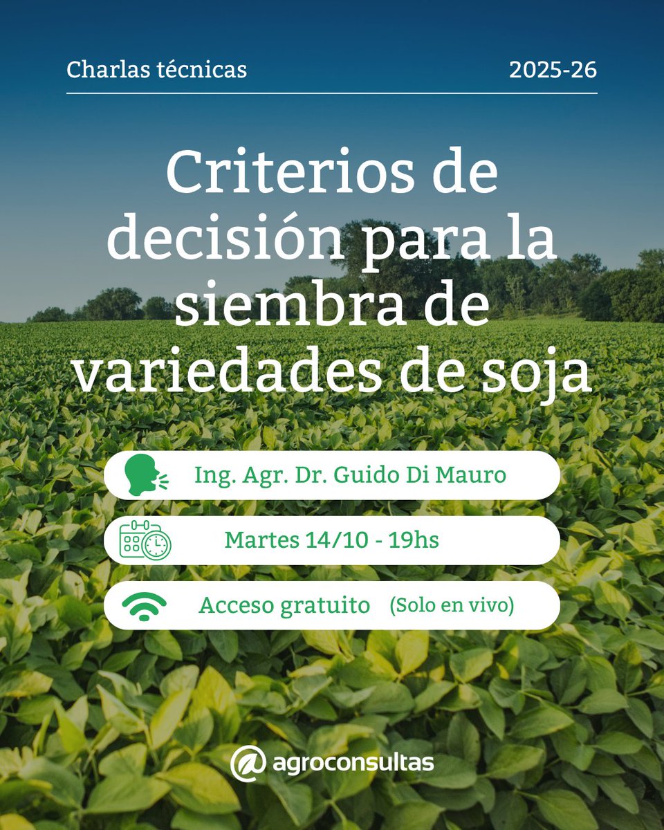 Charlas técnicas 2️⃣5️⃣-2️⃣6️⃣🌱

🗣️ A cargo del Ing. Agr. Dr. <a href="/dm_guido/">Guido Di Mauro</a>

🌱 Criterios de decisión para la siembra de variedades de soja

 📅 Martes 14/10 - 19 hs. (ARG)

📎 agroconsultas.online/CT_DiMauro

#CharlaTecnica #Siembra #Soja #ExpertoACO #Agroconsultas #Agricultura #Campo #Agro