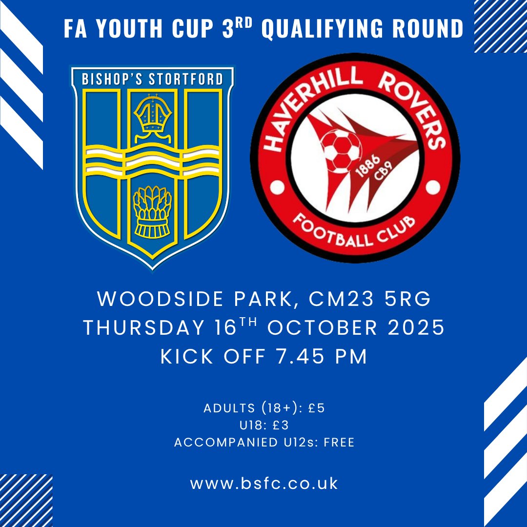 FA Youth Cup Date Confirmed!

Our young Blues will host <a href="/HaverhillRovers/">Haverhill Rovers</a> on Thursday 16th October in the 3rd Qualifying Round of the FA Youth Cup.

Kick off at Woodside Park is at 7.45pm.

Ticket prices can be found below!