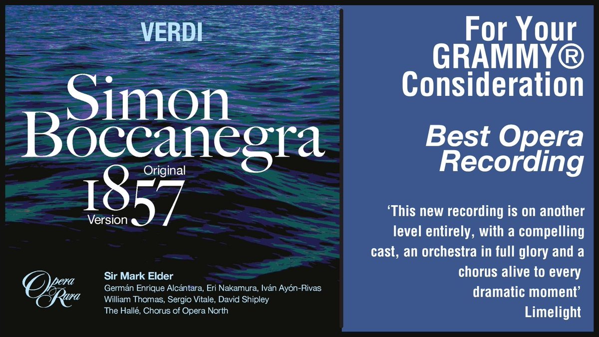 Exciting news from Opera Rara today - we have entered the GRAMMYs for the first time and two albums are currently up for <a href="/RecordingAcad/">GRAMMYS</a> consideration

1. The original 1857 version of Verdi's Simon Boccanegra with <a href="/the_halle/">The Hallé</a>, Sir Mark Elder and <a href="/gerchualcantara/">Germán Alcántara</a> in the title role.