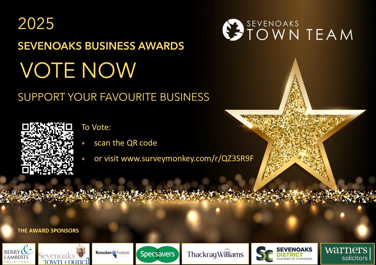 It's time to vote for your favourite Sevenoaks business at the Town Team's 2025 Sevenoaks Business Awards!

It's quick and easy to support your favourite business - vote here: surveymonkey.com/r/QZ3SR9F