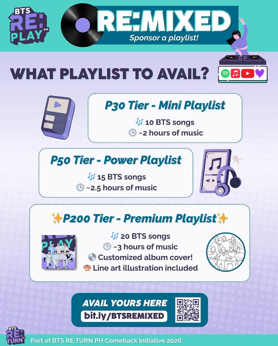 💿 Turn your BTS playlist into pure motivation!
Join BTS RE:MIXED and sponsor a streaming playlist that fuses your fave BTS classics with their newest anthems. 💜

🎶 2–3 hours of ARMY-powered hype, shared worldwide through our initiative!

📩 Sign up via the RE:MIXED form in the