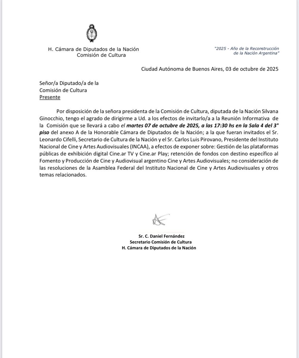 SilGinocchio's tweet image. Martes  07 a las 17.30hs reunión informativa  de la Comision de Cultura @DiputadosAR 
Están invitados Leonardo Cifelli y Carlos Pirovano a efectos de exponer sobre asuntos comunicados, fundamentalmente s/ Cine.Ar y  Play

Esperamos concurran
