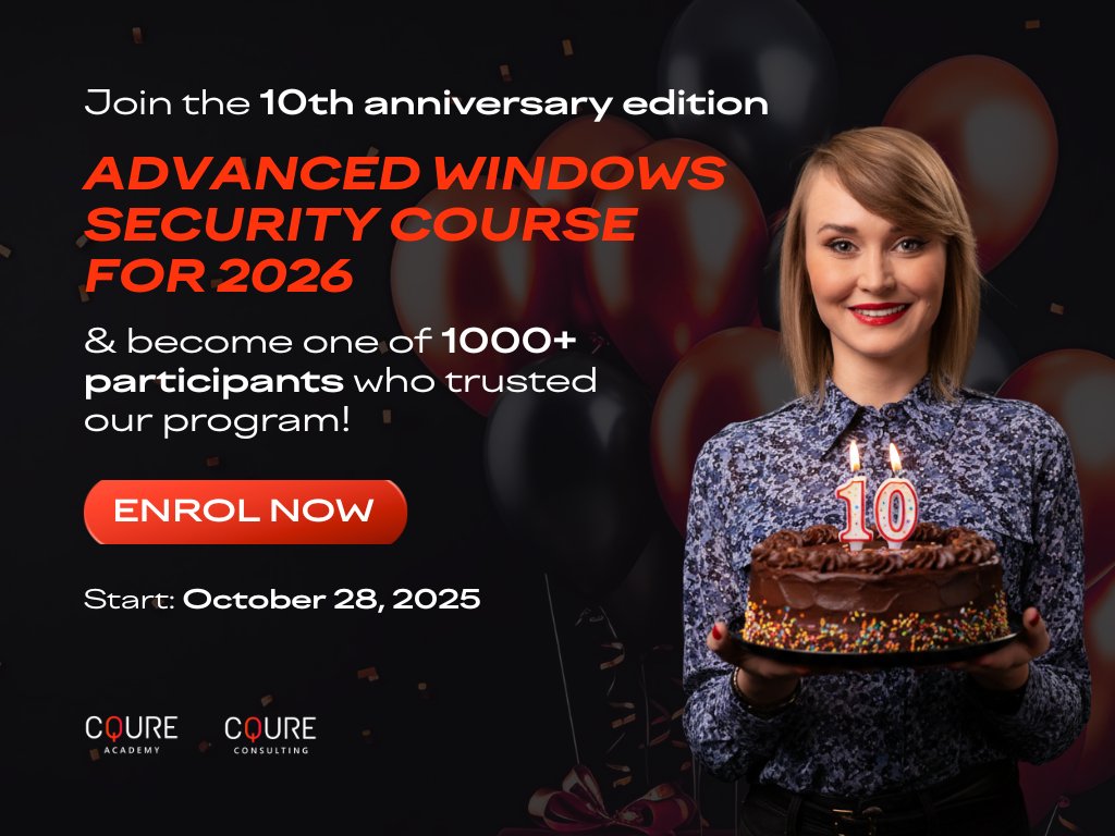 CQUREAcademy's tweet image. 1000+ alumni, 10 editions, and one course that prepares you for 2026’s threats 🎉

In 3 weeks, we&apos;re launching the 10th edition of our Advanced Windows Security Course, so join us last-minute 👉cqureacademy.com/cyber-security…

#CyberSecurity #WindowsSecurity