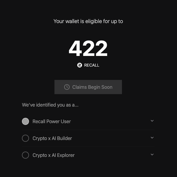 stepamoosham's tweet image. AIRDROP RECALL

finally got to the official checker from @recallnet

my allocation is quite modest compared to those who created their own agents, but at least it&apos;s something🙃

let&apos;s see what the final price will be

check:
claim.recall.network