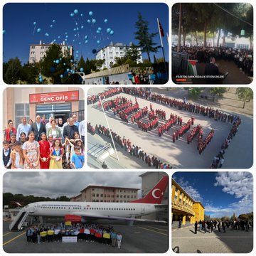 Collage of multiple school scenes including buildings with Turkish flags, groups of students and staff in uniforms forming shapes on grounds, people holding banners with Turkish flags, an airplane on tarmac near yellow building with students, and event setups with balloons and crowds under blue skies.