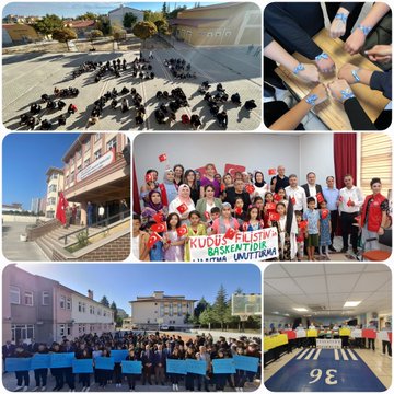 Collage of multiple school scenes including buildings with Turkish flags, groups of students and staff in uniforms forming shapes on grounds, people holding banners with Turkish flags, an airplane on tarmac near yellow building with students, and event setups with balloons and crowds under blue skies.