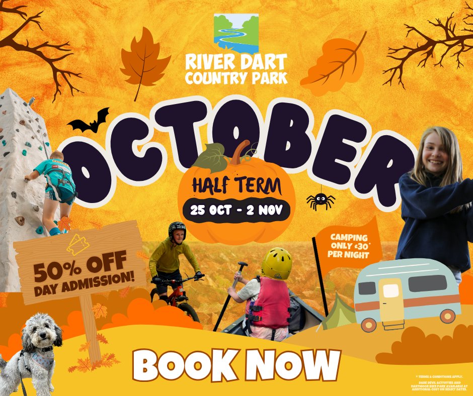 Leaves are falling, fun is calling! 🎃 #OctoberHalfTerm adventures await the whole family <a href="/RiverDartCP/">River Dart Country Park</a>.  Visit riverdart.co.uk for details!
#FamilyFun #OutdoorAdventure #AutumnFun #Devon #Dartmoor #RiverDartCountryPark