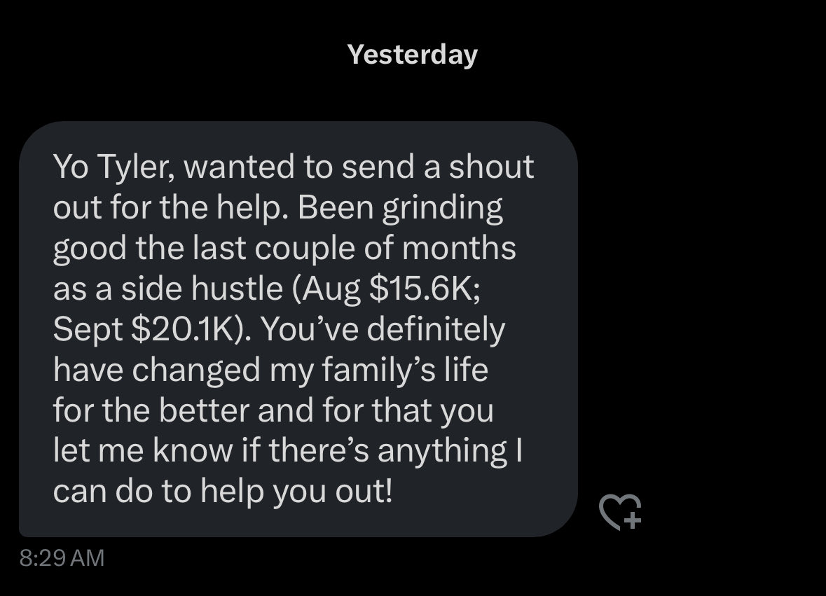 I am grateful in many ways for how my life has changed over the past year.

The thing I’m most grateful for however, is being able to help other people change their life.

I’ve been able to be a small part in helping 10+ guys start their own business.

Some you see here on X,