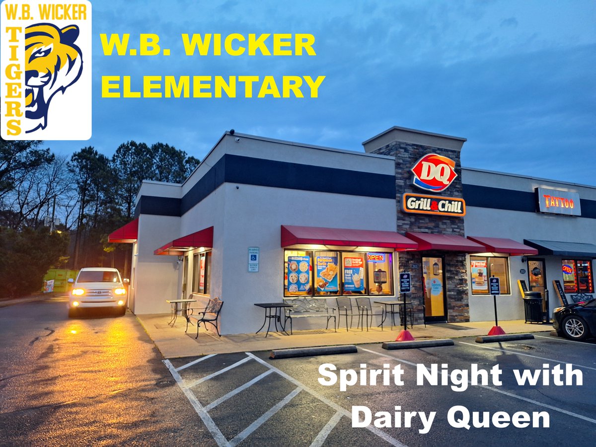 Tonight's the night to show your School Spirit!  Stop by the Sanford DQ on S Horner Blvd for the WB Wicker Elementary Spirit Night between 4-8 PM and we'll donate a portion of your purchase to the WB Wicker PTSO.

#SchoolSpirit #SanfordNC #LoveMyDQ