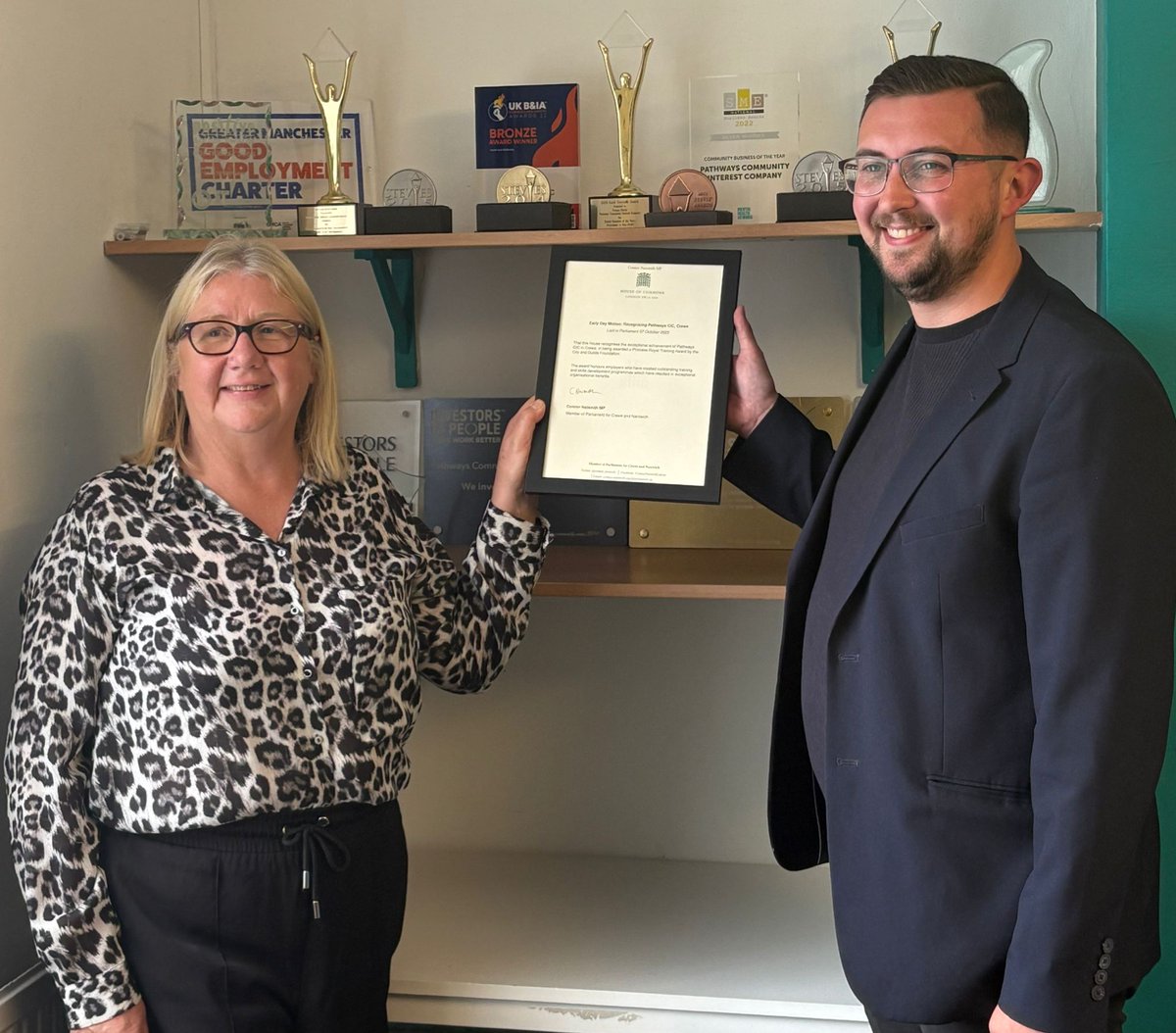 Pathways CIC (@pathwayscic) on Twitter photo A proud moment for Pathways CIC! 
We were delighted to welcome Connor Naismith, <a href="/UKLabour/">The Labour Party</a> MP for Crewe & Nantwich, who recognised our Princess Royal Training Award.
We were thrilled to learn Connor has also laid an early day motion in Parliament celebrating our achievement. A proud moment for Pathways CIC! 
We were delighted to welcome Connor Naismith, <a href="/UKLabour/">The Labour Party</a> MP for Crewe & Nantwich, who recognised our Princess Royal Training Award.
We were thrilled to learn Connor has also laid an early day motion in Parliament celebrating our achievement.