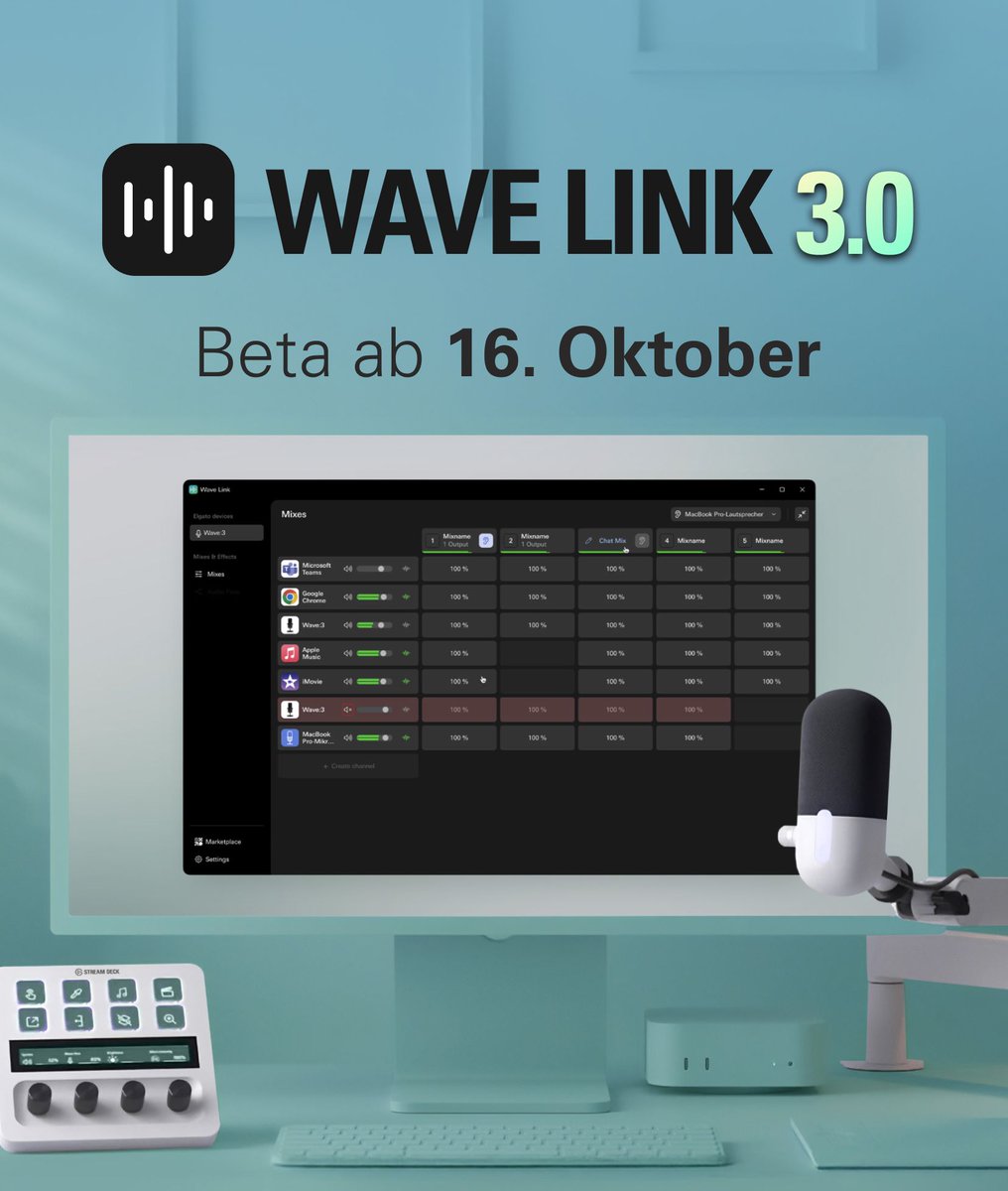 Wir präsentieren: Wave Link 3.0

Völlig neu gebaut. Schneller. Leistungsstärker. Das erwartet euch:

💡 Neues Interface
👀 Visuelle Routing-Übersicht
🎙️ Unterstützung für mehrere Mikrofone und unbegrenzt viele Software-Inputs
🔊 5 unabhängige Ausgangsmixe
‼️ Keine Elgato-Hardware