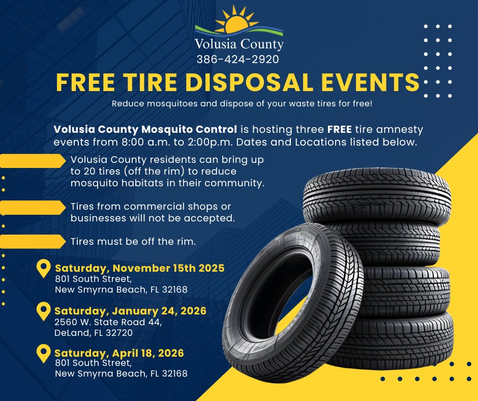 VCMosquito's tweet photo. A fresh start for next year! Drop off your unwanted tires for FREE and reduce mosquitoes around your home at one of our upcoming Tire Disposal Events! #FightTheBite #MosquitoControl https://t.co/OyEZNDSQRT