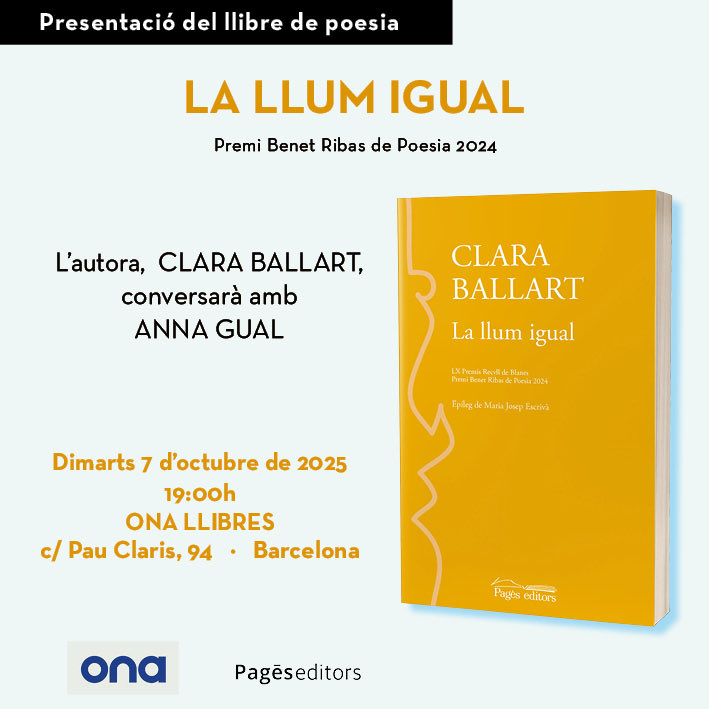 #Lallumigual: un poemari estructurat en tres blocs; escrit en decasíl·labs perfectes; i dedicat a la llum de la ciutat, la dels marges i la de la natura.
Un goig poder-lo presentar avui ( 19h, <a href="/OnaLlibres/">Ona Llibres</a>). Llegiu la #ClaraBallart: la seva veu poètica és una meravella.