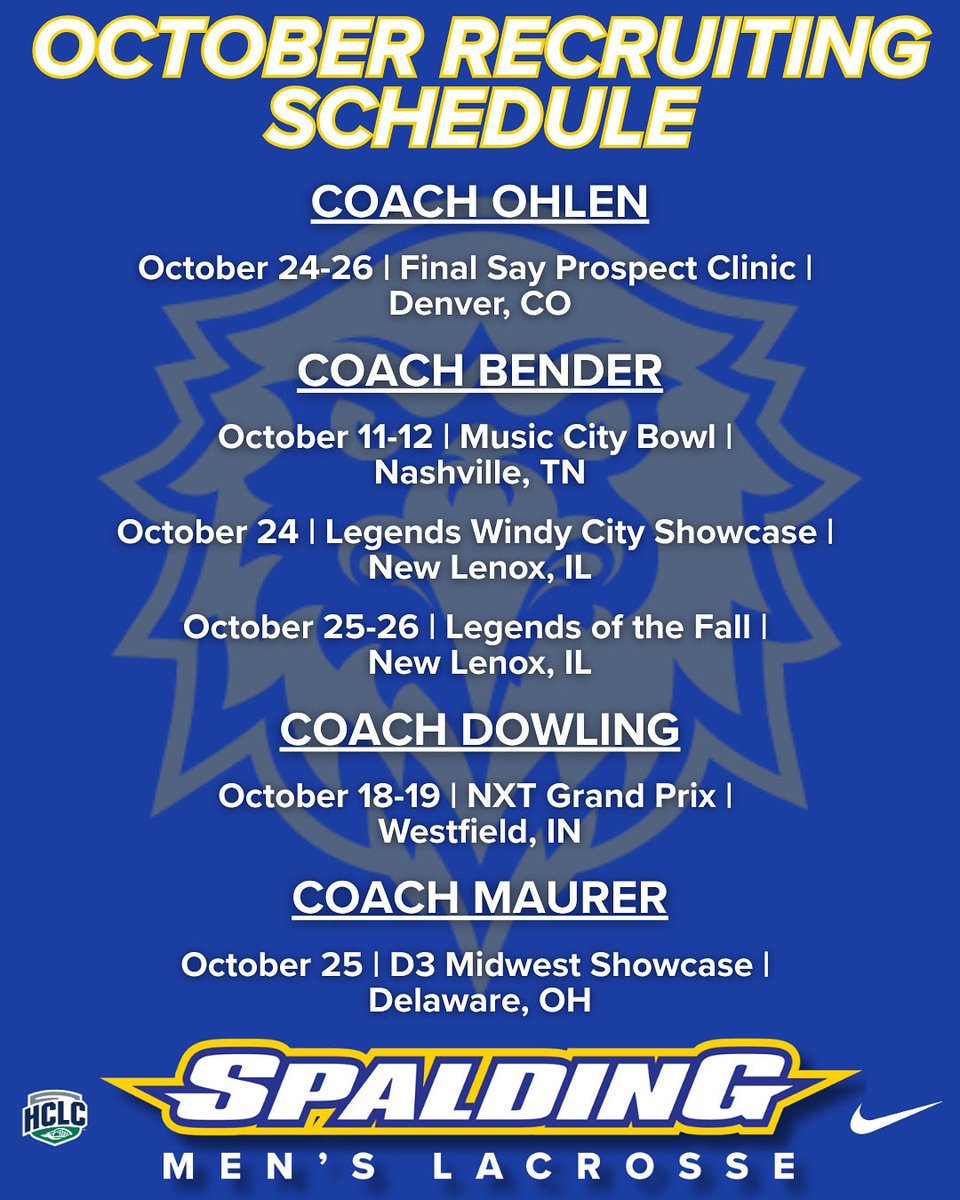 The <a href="/SpaldingMLAX/">Spalding Univ. Men's Lacrosse</a> coaches are hitting the road in October looking for future Golden Eagles! Where will YOU be? Drop your showcase/tourney schedule in the replies!

#spaldingmenslacrosse #lacrosseinlouisville #collegelacrosse #recruiting #ncaad3 #skoeags