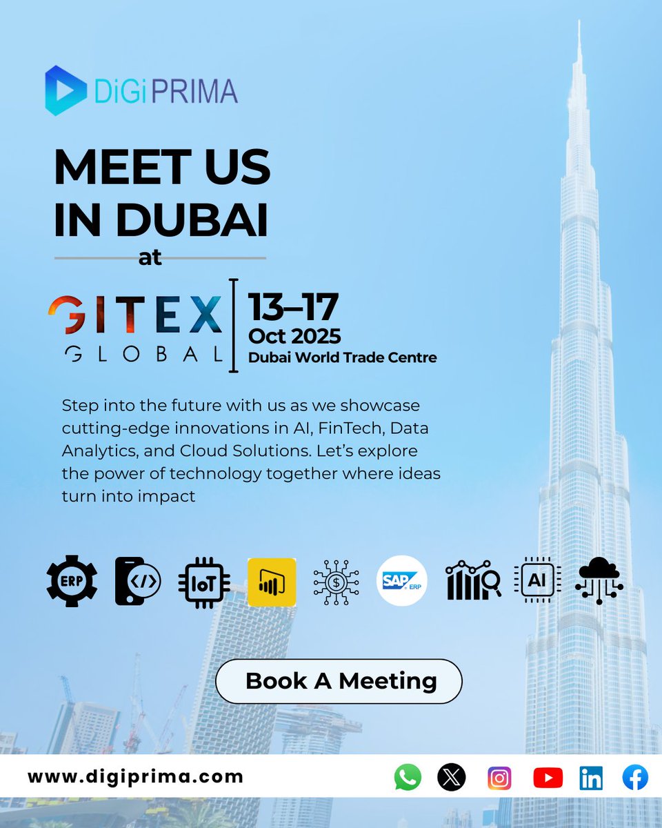 DigiprimaTech's tweet image. DigiPrima Technologies is thrilled to showcase its innovation journey at GITEX 2025!

Dubai World Trade Centre
13–17 October 2025

Let’s connect
Book your meeting today.

#DigiPrima #GITEX2025 #gitex #GITEXGLOBAL #DubaiWorldTradeCentre #TechFuture #DubaiTech #AI #IoT #ERP #crm
