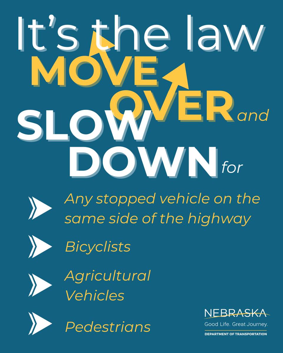 NorfolkNE's tweet image. 🚶‍♀️ October is #PedestrianSafetyMonth!

Nebraska’s new law (LB 530) requires drivers to move over, slow down &amp;amp; use caution for all stopped vehicles and vulnerable road users — not just emergency vehicles.

Let’s keep everyone safe out there. #MoveOver #DriveSafeNorfolk