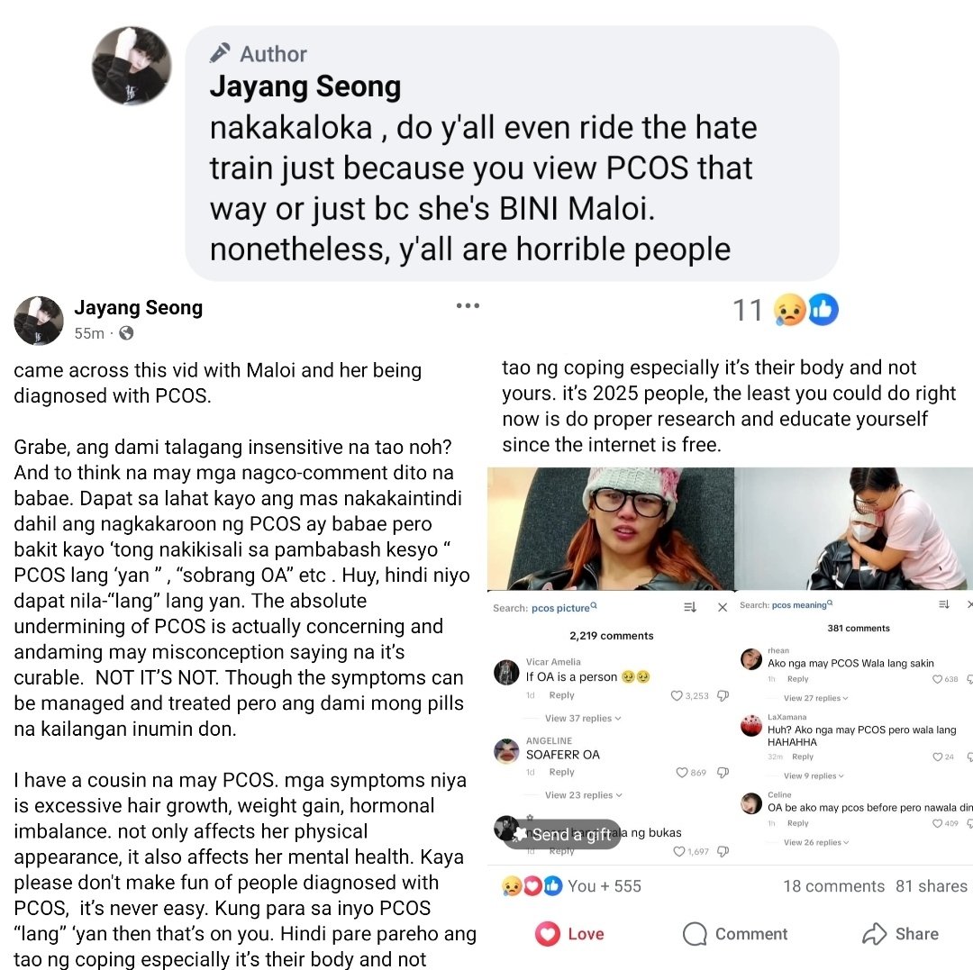 aiyerzz's tweet image. came across this post on fb abt the hate maloi’s getting for opening up abt her pcos, and no truer words have been spoken. they only find it “oa” bcs it’s BINI maloi. if it were their friend or another celeb, they’d be “empathetic” hypocritical, isn’t it? esp coming from women