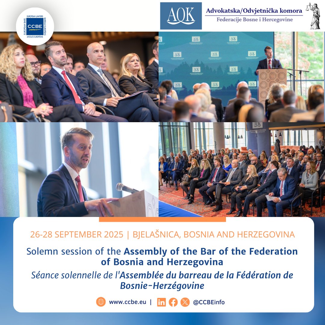 🗣️Le premier vice-président du CCBE, Roman Zavrsek, a participé à la séance solennelle de l'Assemblée du barreau de la Fédération de Bosnie-Herzégovine, marquant leur 142e anniversaire et leur engagement en faveur de la justice, de l'État de droit et des droits fondamentaux.