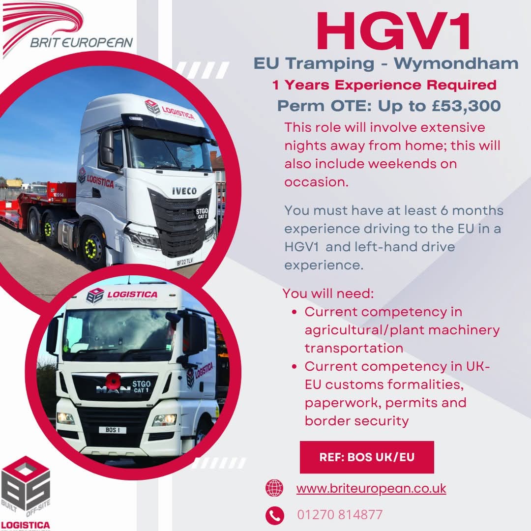 HGV1 EU Tramping Vacancy – Wymondham
Join our team as an HGV1 EU Tramper based in Wymondham! Min of 6 months’ experience driving to the EU in a HGV1 and left-hand drive experience.
✔️ Be part of a professional transport team
Apply online at briteuropean.co.uk