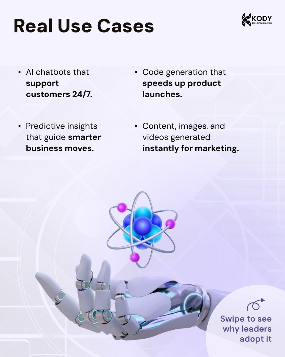kody_technolab's tweet image. #GenAI helps companies automate faster, cut costs &amp;amp; personalize every customer touchpoint. 📈

Let’s build your #GenerativeAISolution before others take your share! 💡

🔗 kodytechnolab.com/blog/top-ai-us…

#HireAIDevelopers #HireAIEngineers #AIAppDevelopment #KodyTechnolab