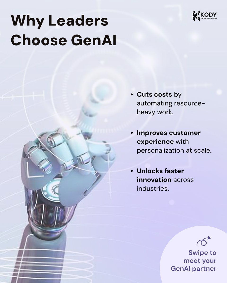kody_technolab's tweet image. #GenAI helps companies automate faster, cut costs &amp;amp; personalize every customer touchpoint. 📈

Let’s build your #GenerativeAISolution before others take your share! 💡

🔗 kodytechnolab.com/blog/top-ai-us…

#HireAIDevelopers #HireAIEngineers #AIAppDevelopment #KodyTechnolab