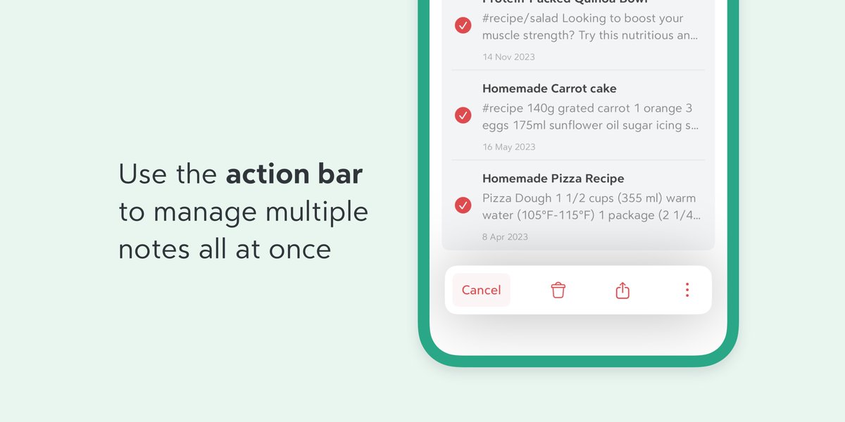 BearNotesApp's tweet image. #BearTips On iOS, you can select multiple notes to share, encrypt, or delete at once.

Open the note list menu to start, or swipe up or down with two fingers for a quicker way.

☑️📕
☑️📘
☑️📙
☑️📗

#iOS #ProductivityTips