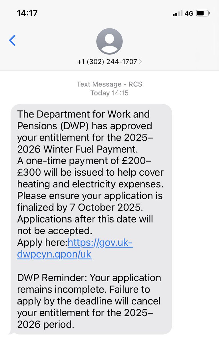 CourierBoyUK's tweet image. Scam Alert ‼️ Pensioners beware ⚠️ 

If you receive a text like this one don’t click on the link, it’s a Scam

If you’re entitled to the #WinterFuelPayment, the #DWP will inform you around November/ December in writing by normal mail