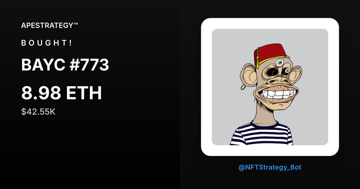 ApeStrategy just added BAYC #773

Taking us to a total of 39 #BAYC 

PS: <a href="/machibigbrother/">Machi Big Brother</a> should be currently working on building something on top of $ApeStr,
